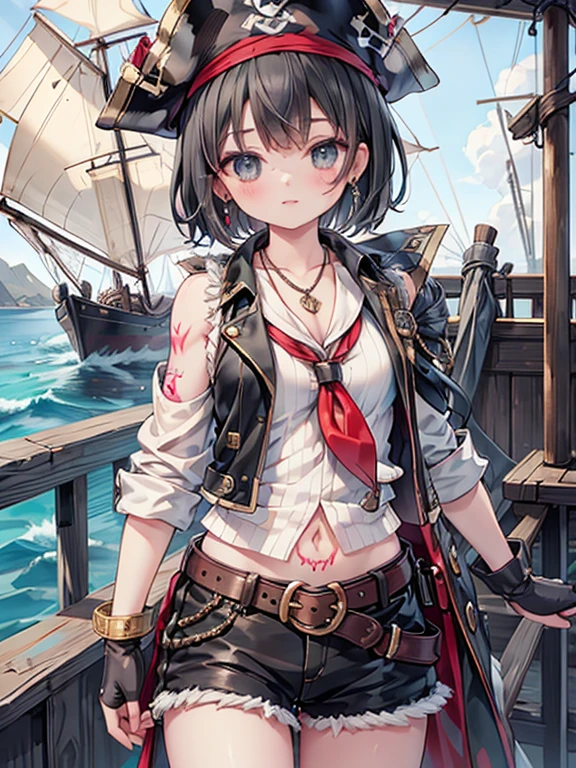 masterpiece, highest quality, Very detailed, 16k, Ultra-high resolution, Cowboy Shot, Detailed face, Perfect Fingers, One female, aged 14, black eye, Black Hair, short hair, sail船, On Deck, mast, sail, jewelry, belt, necklace, bracelet, earrings, pirate hat/bandana/headband, open clothes/shirt/vest/coat, tattoo, boots, gloves