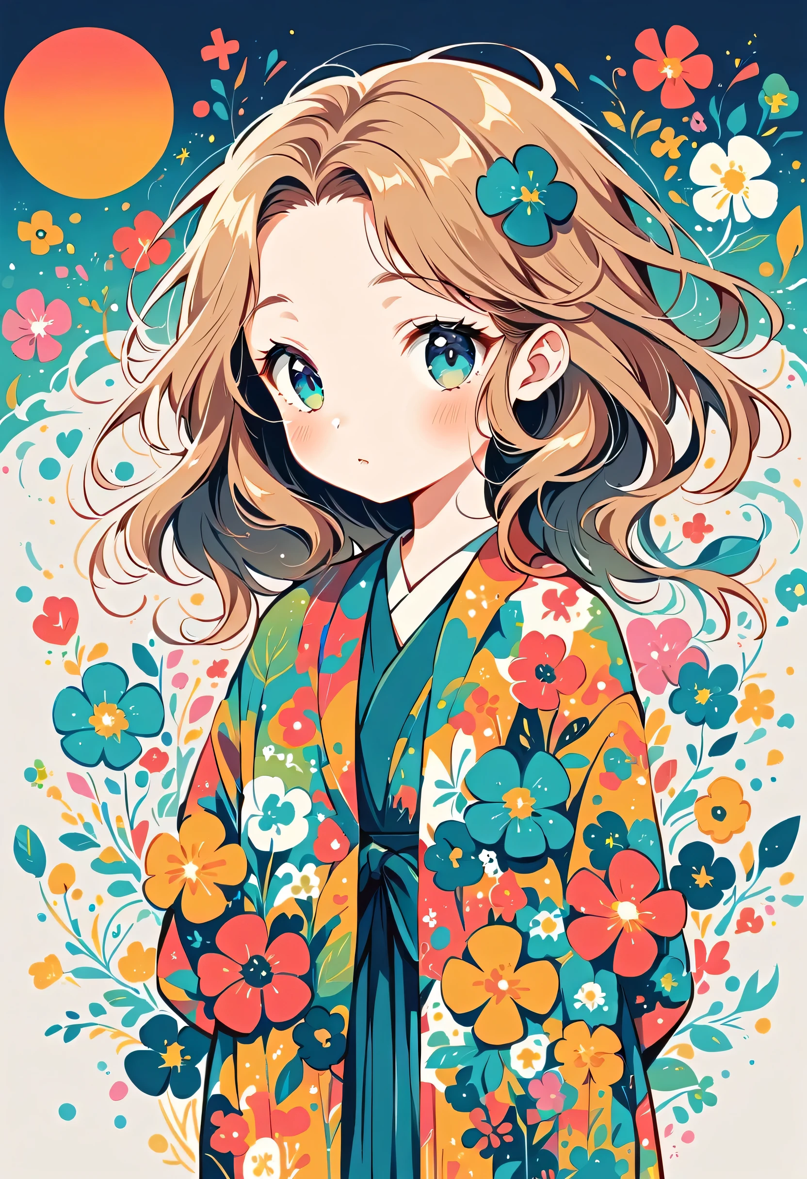 Watase Seizo style, Standing in front of a high wall,Simple Line Initialism,Abstract art,((Urban Background)), (((The most beautiful girl))), colorful flowers
