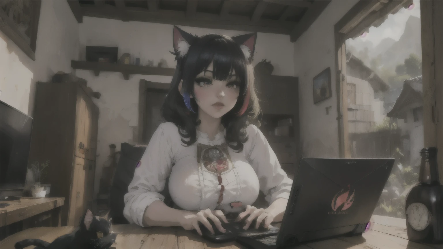 (junkotvv, pelo negro, flequillo, ((orejas de gato)), ojos rojos), in the foreground a villager is using a gaming computadora inside a peasant house,campesinos vistiendo ropa renacentista,Estilo Dur3r,(gaming computadora monitor, teclado (computadora), cables, juegos rgb),caballos,castillo en la distancia,(orejas de gato)
