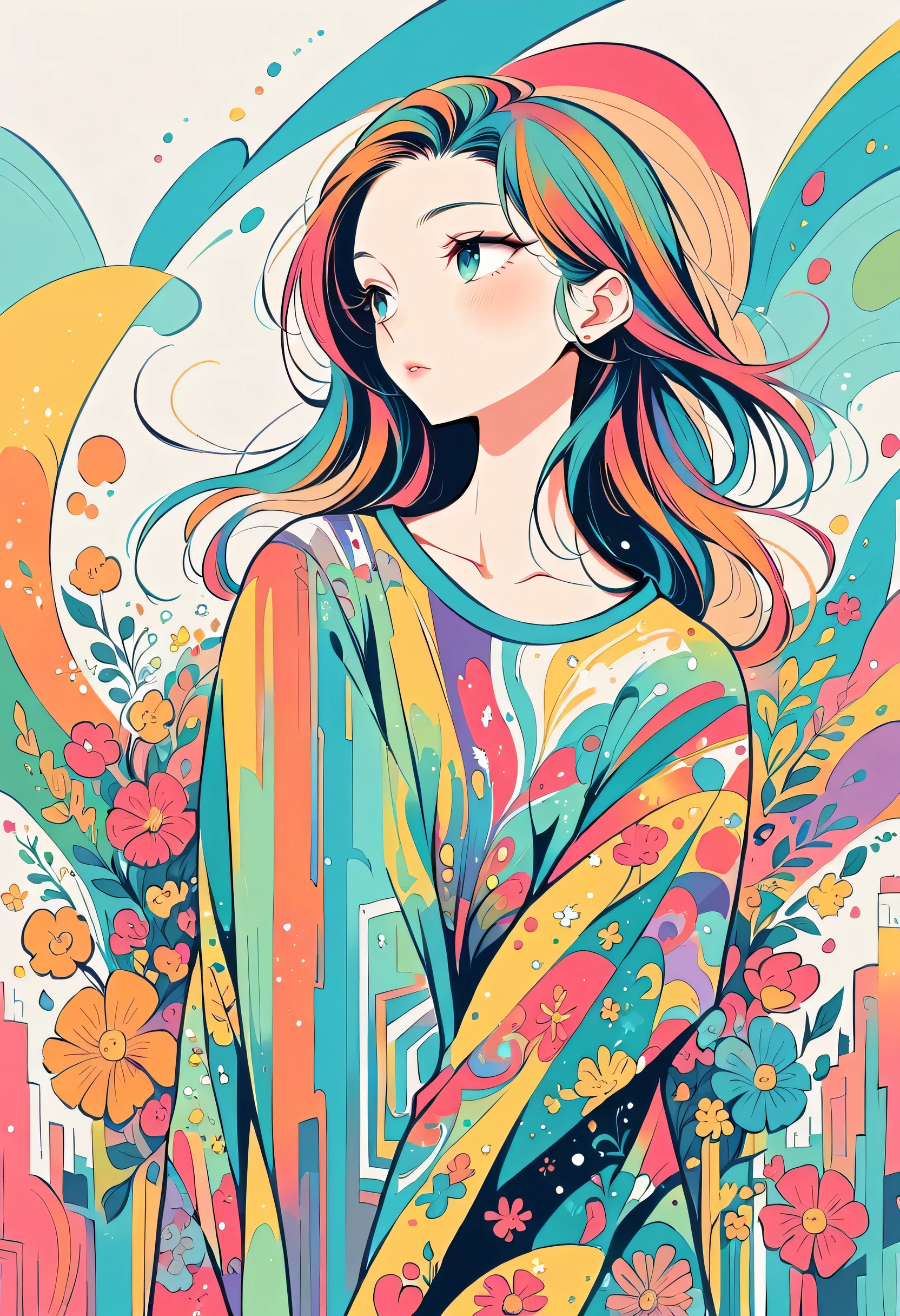 Watase Seizo style, Standing in front of a high wall,Simple Line Initialism,Abstract art,((Urban Background)), (((The most beautiful girl))), colorful flowers