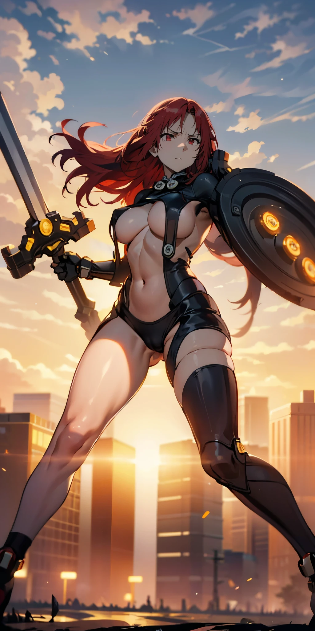 (red hair, long hair:1.3), red eyes, very long hair, curvy, heavy breathing, huge breasts, epic art, fantasy, breast press, 1girl, solo, breasts, outfit-gantz, latex breast curtains,  sword, holding sword, (shield:.13), holding shield, field, bokeh, hair flowing over, white_legwear, (shaded face:1.2), hollow eyes, red eyes, looking at viewer, (heavy breathing:1.2), expressionless, glaring eyes, 