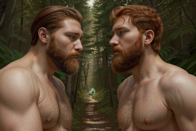 (illustration), (high resolution), (8K), (extremely detailed), (best illustration), (best quality), (ultra-detailed), (masterpiece), ( wallpaper), (detailed face), Two men in the middle of the forest in a camp, staring at each other, one is a young bearded ginger, the other is a latino athletic young both shirtless