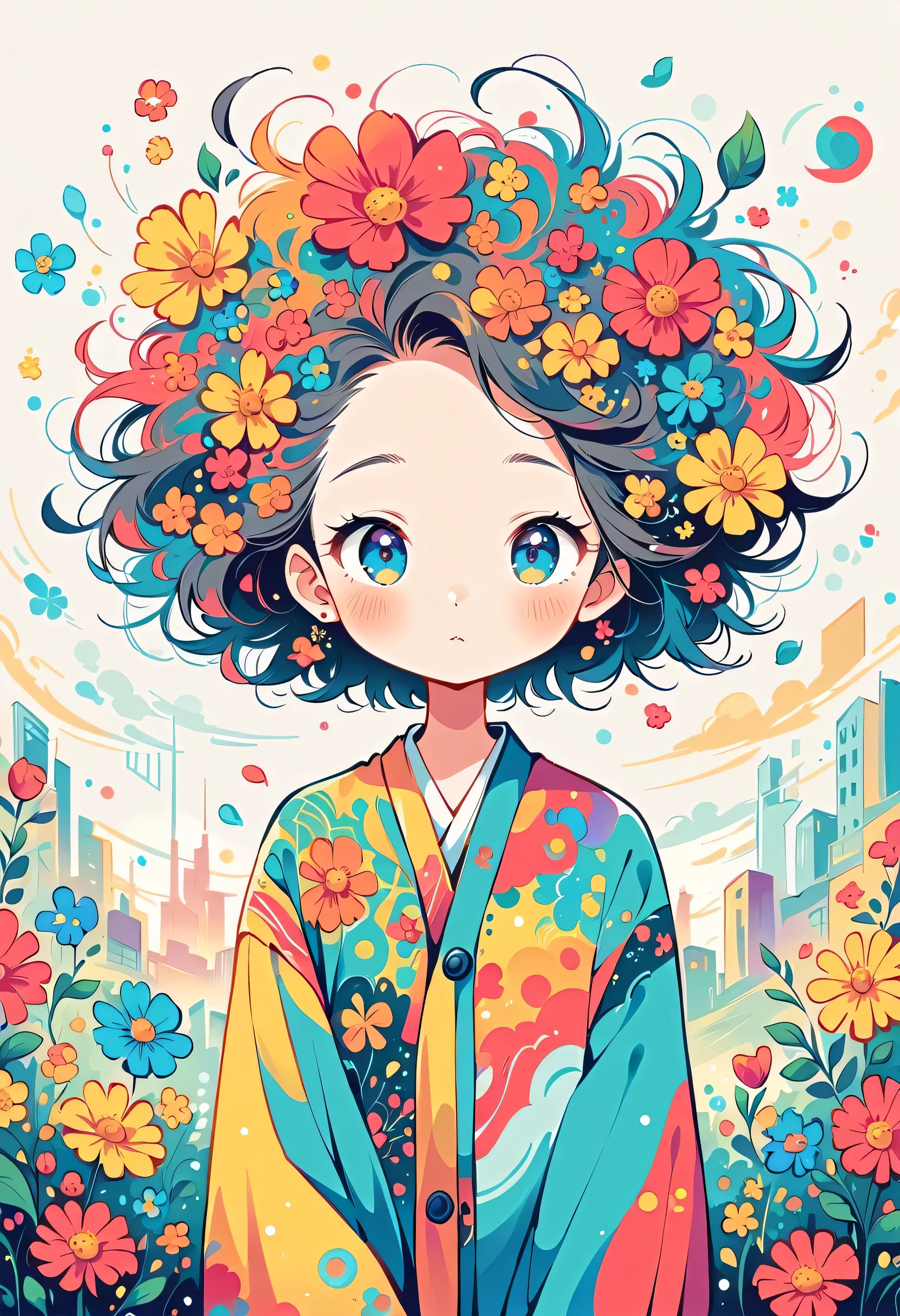 Watase Seizo style, Standing in front of a high wall，Simple Line Initialism，Abstract art，((Urban Background)), (((The most beautiful girl))), colorful flowers