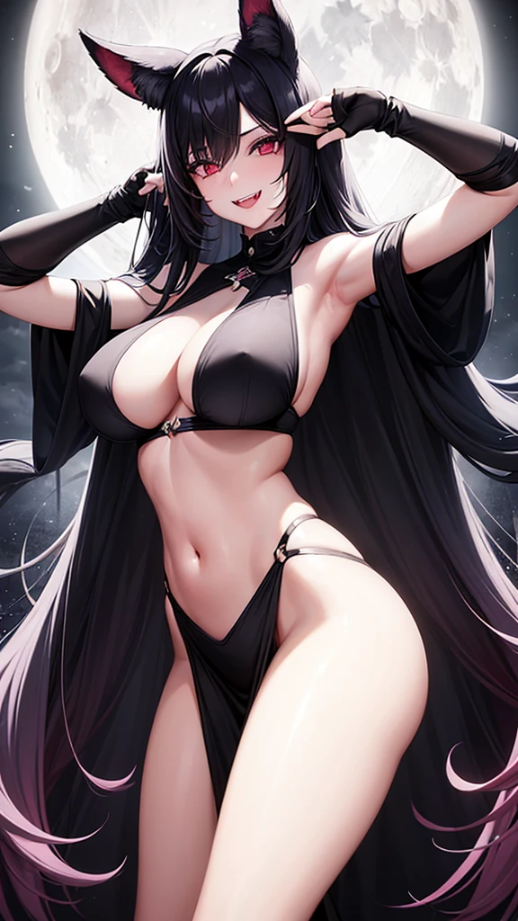 1girl, 25-years-old woman, pale complexion, black eyelinder and lipstick, white long hair, full moon background, high_resolution, smiling, showing large fangs, sweating, sexy pose, close_to_camera, seductive look, drooling
