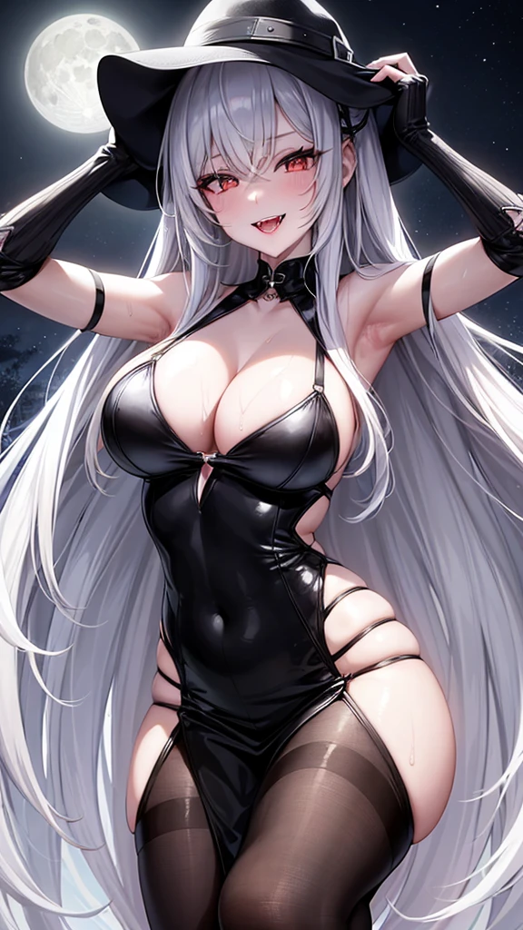 1girl, 25-years-old woman, pale complexion, black eyelinder and lipstick, white long hair, full moon background, high_resolution, smiling, showing large fangs, sweating, sexy pose, close_to_camera, seductive look, drooling