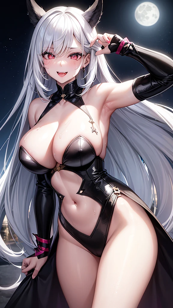 1girl, 25-years-old woman, pale complexion, black eyelinder and lipstick, white long hair, full moon background, high_resolution, smiling, showing large fangs, sweating, sexy pose, close_to_camera, seductive look, drooling