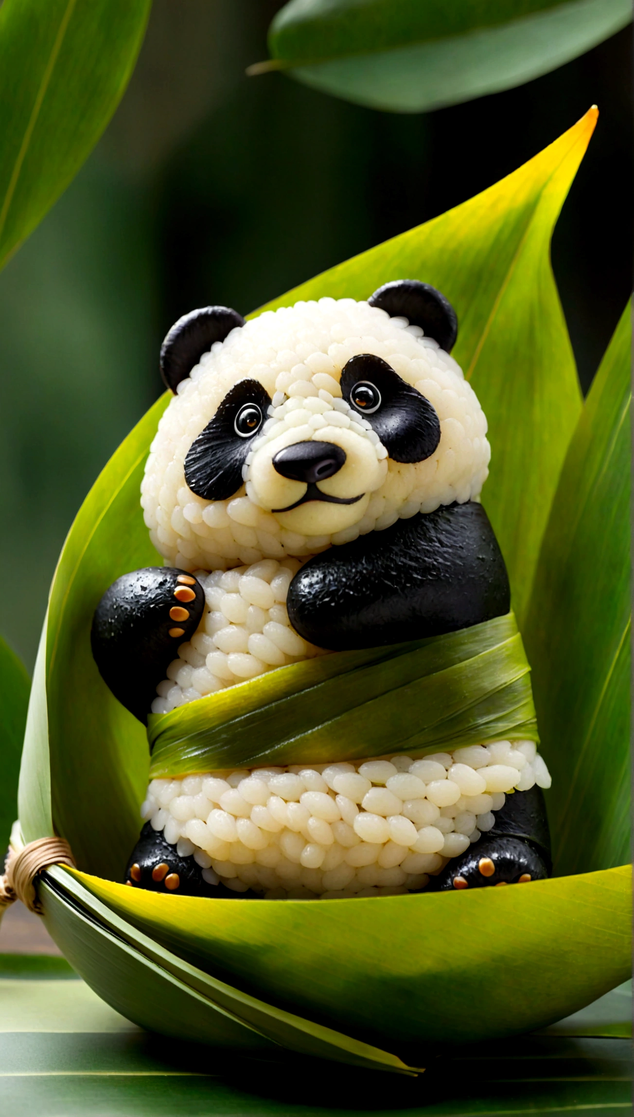 A panda-shaped rice dumpling, zoingzi, Glutinous rice texture, Light yellow, (((the lower half of the body is wrapped in tapered leaves))), made of glutinous rice, has a cute expression, the head sticking out of the leaves, equidistant, cartoon-style, Macro Lens, studio light, bold color scheme