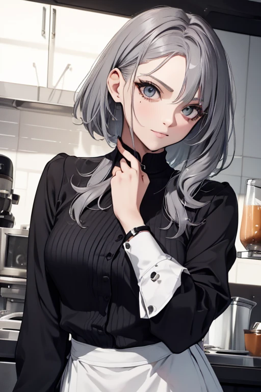 short hair,Uniform hair length,Hair color: Ash gray,The ends of my hair are curly,Female cafe attendant,mode,Long sleeve,Black clothes,V-neck,Cool Beauty,Adult women,A slight smile on your lips,A mole under the left lip,Stylish cafe,Arched, soft, thin eyebrows,1 female,Carrying a coffee pot,highest quality,Her bangs are angled to hide her forehead,One silver bracelet on the right wrist,coffee