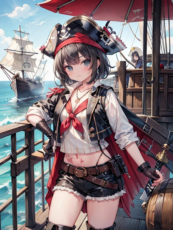masterpiece, highest quality, Very detailed, 16k, Ultra-high resolution, Cowboy Shot, Detailed face, Perfect Fingers, One female, aged 14, black eye, Black Hair, short hair, sail船, On Deck, mast, sail, jewelry, belt, necklace, bracelet, earrings, pirate hat/bandana/headband, open clothes/shirt/vest/coat, tattoo, boots, gloves, holding weapon, gun, knife, sword, ship, barrel, ocean