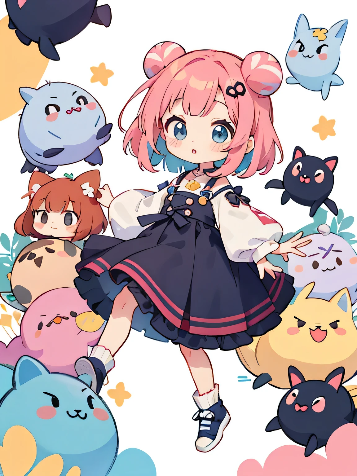 Momoko Sakura style, Kawaii Design, most beautiful girl ever、Chibi, Colorful bob hair、((Lots of friends))、Colorful and cute pillbugs