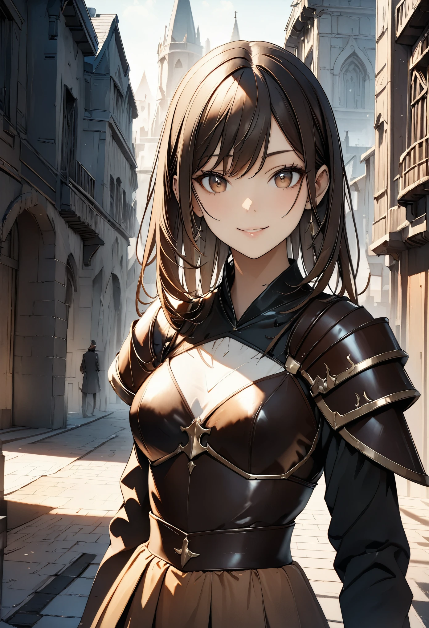 ((highest quality, 8k, masterpiece :1.3)), Fantasy art, One girl, smile, whole body, Slim face, Beautiful woman, (Dark brown hair), Portrait of a warrior :1.1, ((leather armor, breastplate)), Highly detailed face, Fine grain, double eyelid, Blur the background, Slim face, city, outside, street,