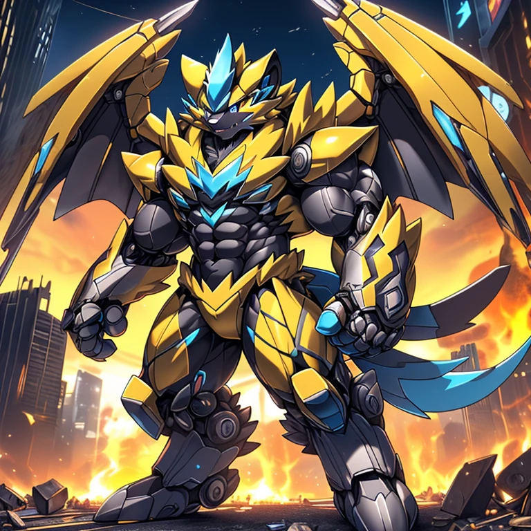 (GIANT mechanical zeraora rampage through a city, crushing buildings beneath their unstoppable metal frames), (official art,
best quality, highly detailed) (terrifying and imposing design,
smoke and flames rising from the destruction in the background, a lone figure)
(high-tech bio-mecha armor, metallic, real texture material) (ZERAORA, 8K), (gigantic muscles, Gigachad Muscular, big muscle, pecs, triceps, traps, unusually developed muscular body, body full of huge muscles. showing off muscles, pectorales enormes, Exaggeratedly huge muscles.),(Spread wings, It has wings, have big wings, golden wings), (whole body shines like metal, Wearing cyberpunk mecha, emphasizes the muscles, suit fully made of metal, intricate armor, Robotic suit, suit fully made of metal, cyborg), (giant zeraora, Zeraora's giant robot, Powered exoskeleton with the same design as Zeraora), (Masterpiece, highres) (Detailed head, Detailed Body, Detailed abs, full body)