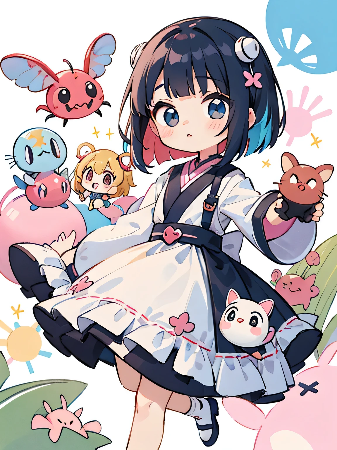 Momoko Sakura style, Kawaii Design, most beautiful girl ever、Chibi, Colorful bob hair、((Lots of friends))、Colorful and cute pillbugs