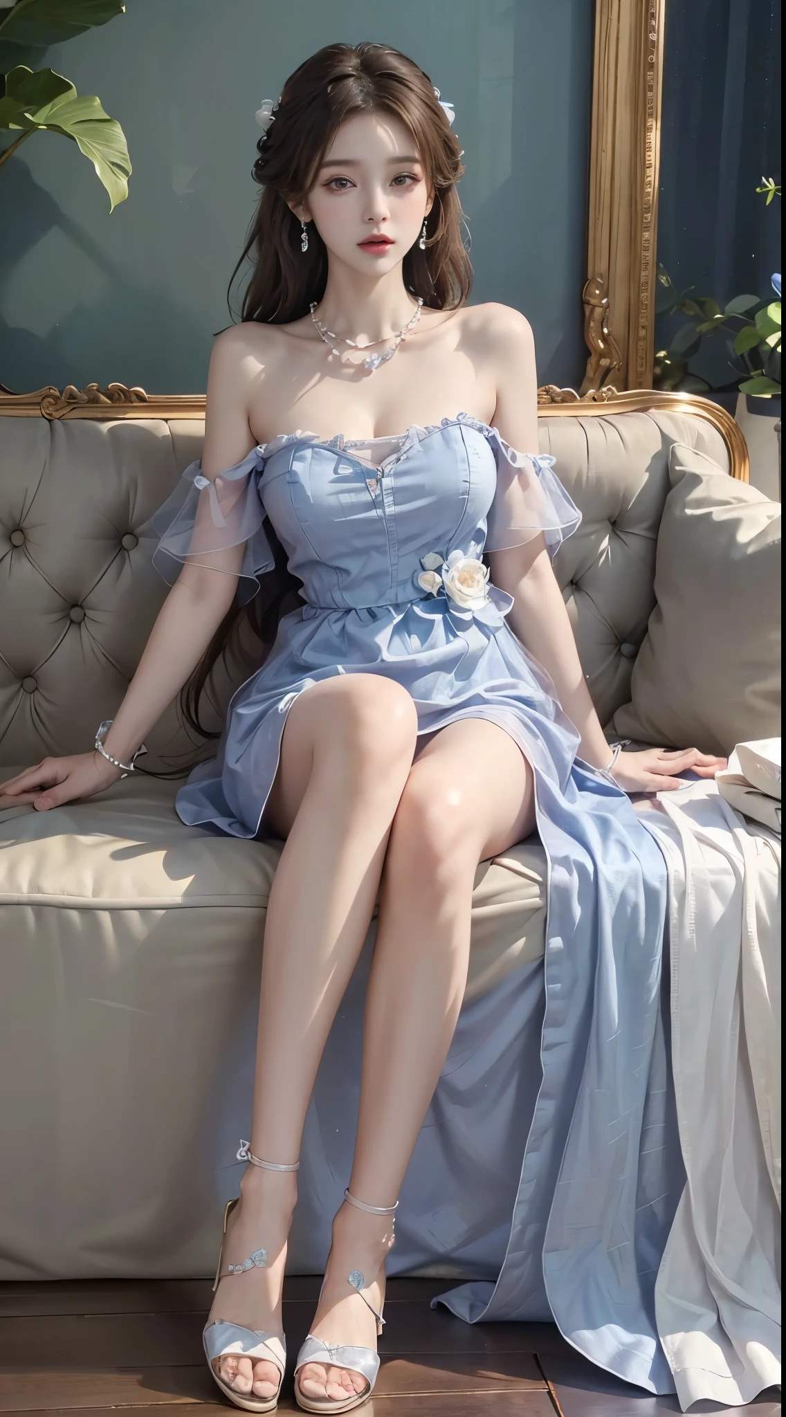 Sweet girl clothes2,pearl necklace,blue dress,flower,  ((full body)), ((from below)), ((Bare shoulder)), ((Elegant and charming posture, random view shots)), ((Sit on the couch)), realistic detailed photo of a giant breasted girl with exposed shoulders, detailed fingers, high quality skin, red eyes, alone in a winter scene with clouds, wind, and flowing hair, (best quality,4k,8k,highres,masterpiece:1.2),ultra-detailed,(realistic,photorealistic,photo-realistic:1.37),studio lighting,vivid colors