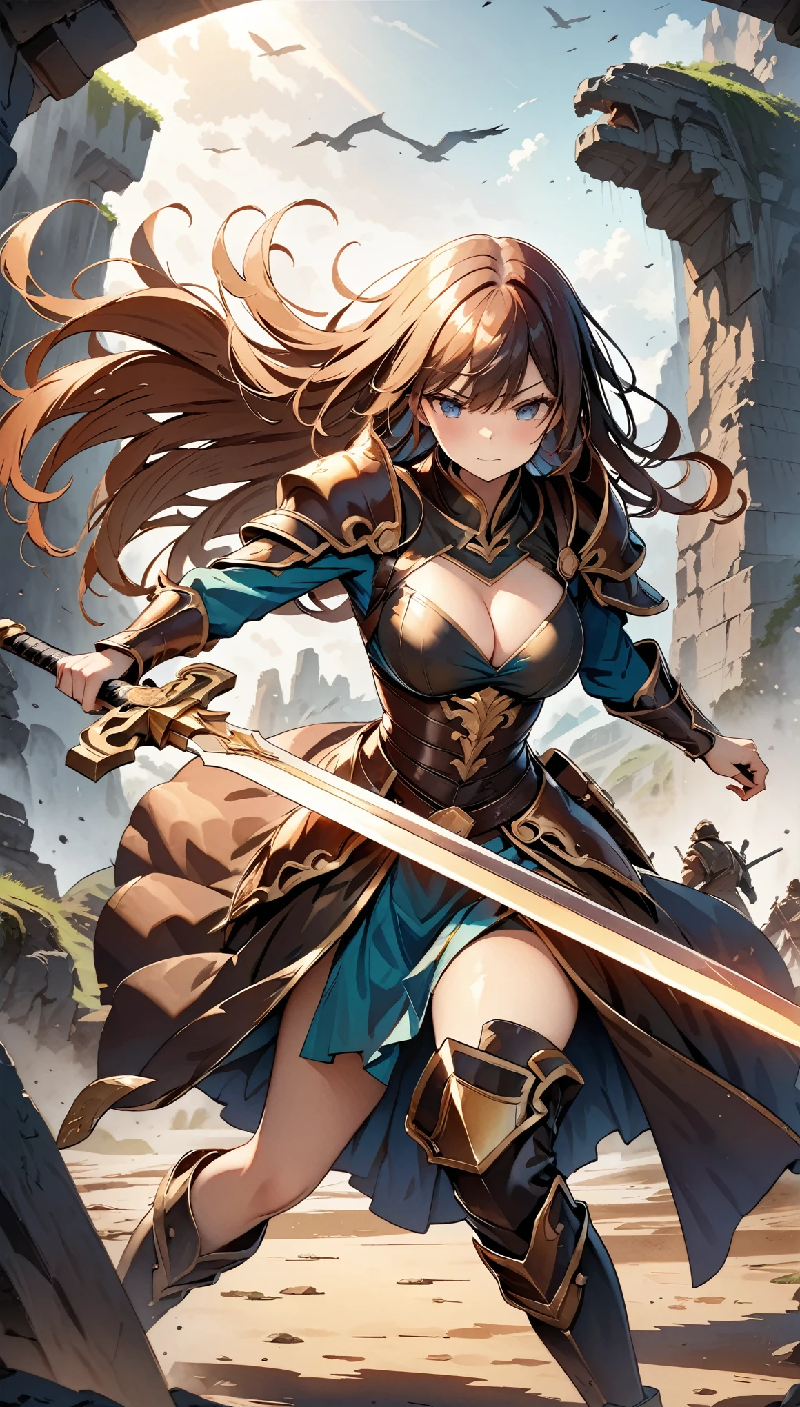 (highest quality, 4K, 8k, High resolution, masterpiece:1.2), Very detailed, Woman wielding a large sword, Luxurious leather armor, Flowing hair, Intense expression, Intense battle scenes, Dramatic lighting, Bright colors, Powerful strokes, High Contrast, Heroic figures, Detailed leather armor and weapons, Dynamic pose, War-torn landscape background