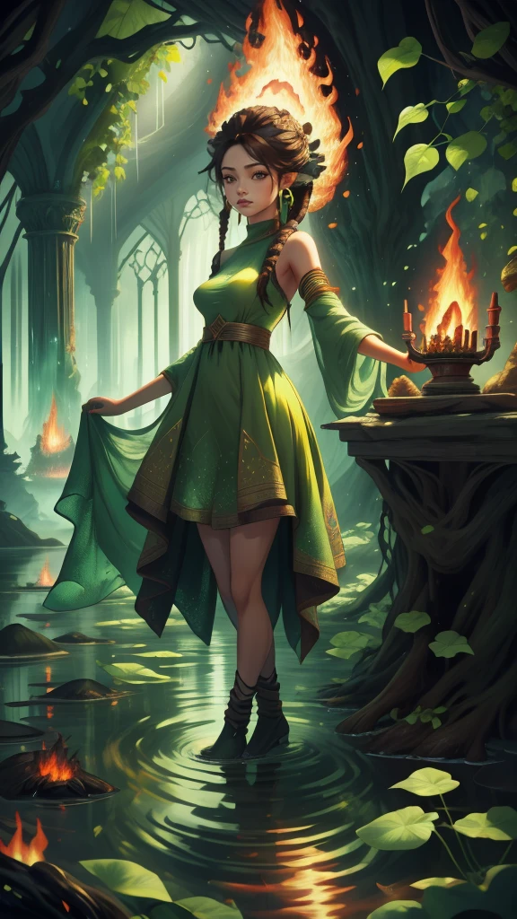 Create a mystic Fairy she had long brown hair in dreadlock style, wearing green leaf dress, she standing in water and in her Background are Fire 