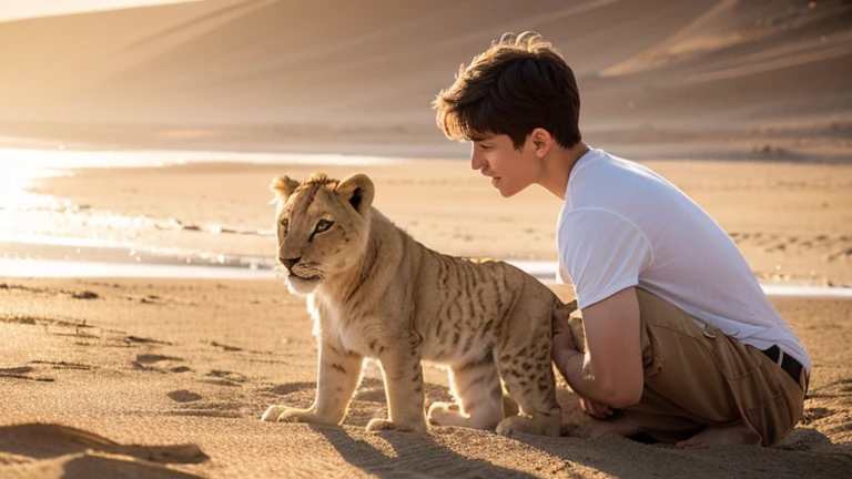 A boy tenderly holds a baby lion, bathed in the warm sunlight, the sand in the background revealing multiple lightfields, as if the scene is a timeless repeating moment. realistic.