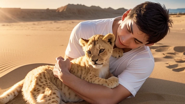A boy tenderly holds a baby lion, bathed in the warm sunlight, the sand in the background revealing multiple lightfields, as if the scene is a timeless repeating moment. realistic.