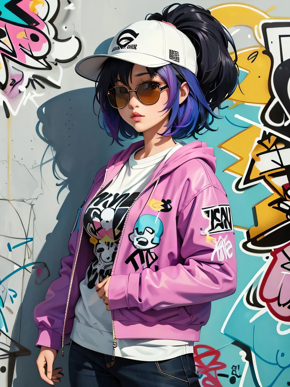 Mai yonezawa style , 8K quality, watercolor painting, stylish figure, (((The strongest beautiful girl of all time))), gal, Stylish sunglasses, A stylish hat, (((highest quality))), bob hair, put your hand on the wall, HDR, Detailed details, skull fashion, detailed clothing texture, (((graffiti art))), colorful hair, ((masterpiece))、((Super detailed))
