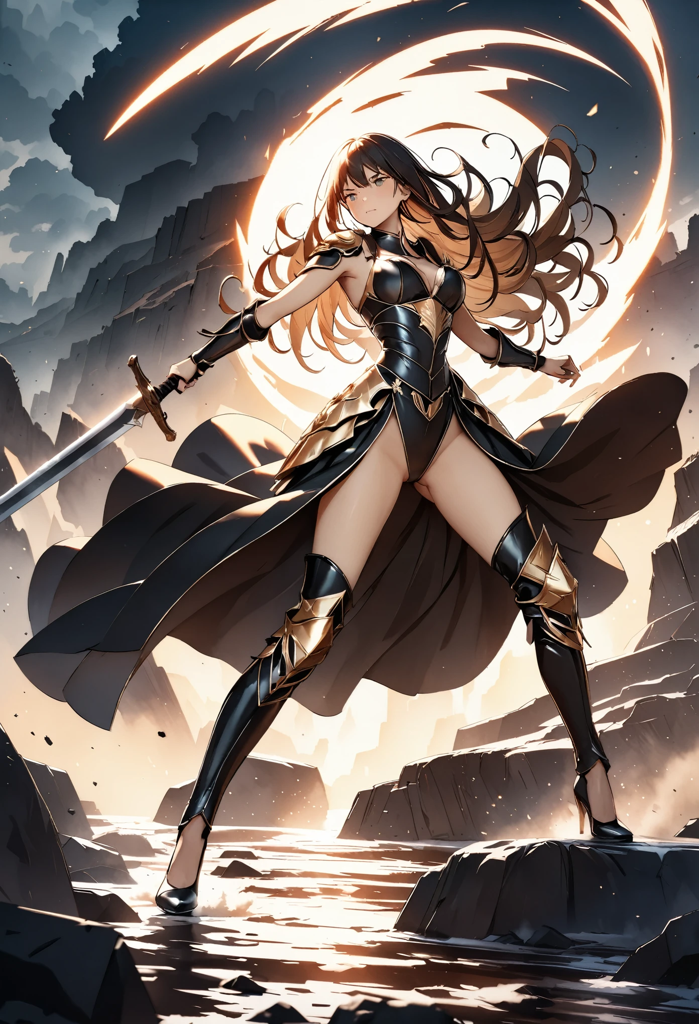 (highest quality, 4K, 8k, High resolution, masterpiece:1.2), Very detailed, Woman wielding a large sword, Luxurious leather armor, Flowing hair, Intense expression, Intense battle scenes, Dramatic lighting, Bright colors, Powerful strokes, High Contrast, Heroic figures, Detailed leather armor and weapons, Dynamic pose, War-torn landscape background