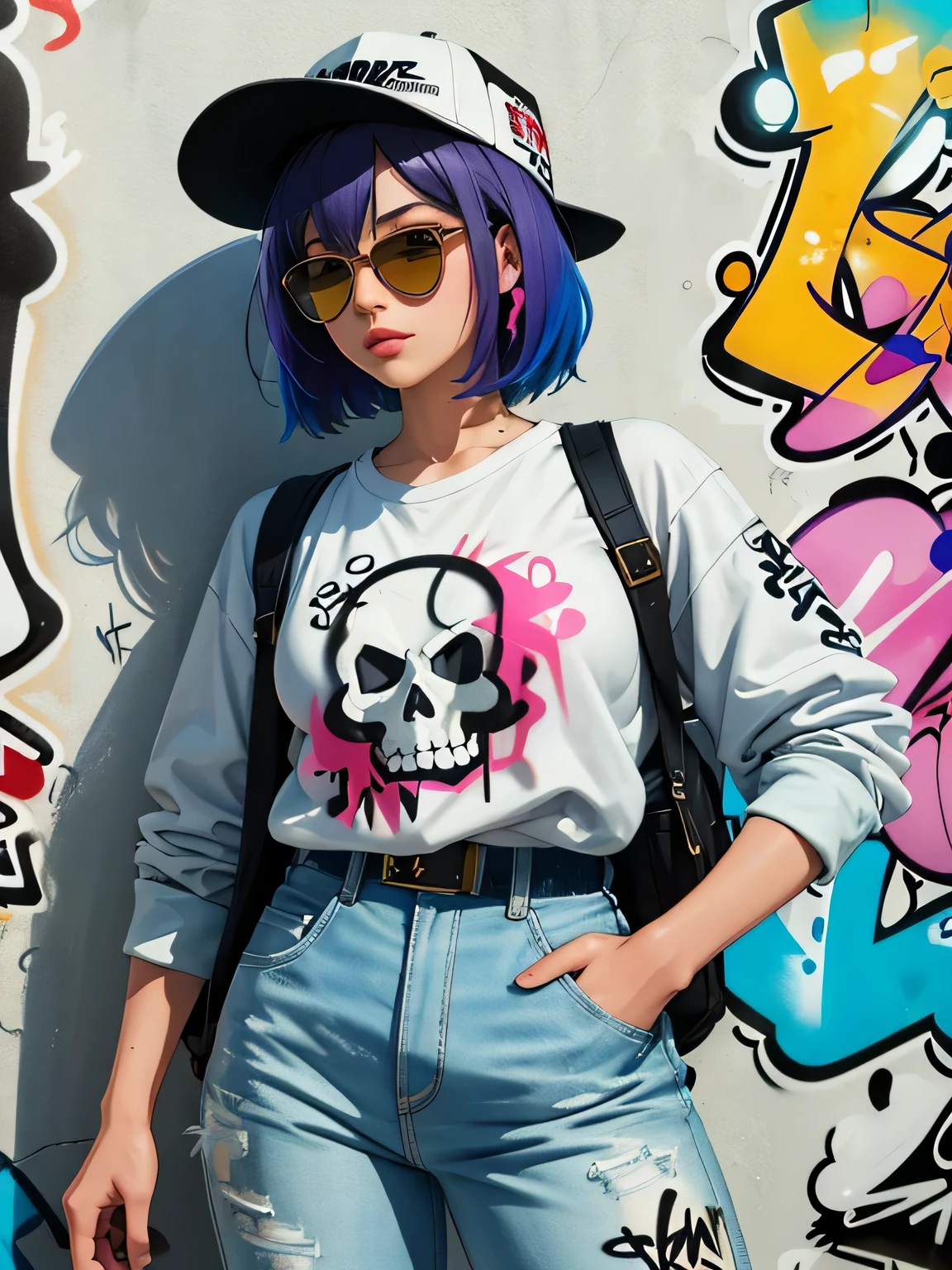 Mai yonezawa style , 8K quality, watercolor painting, stylish figure, (((The strongest beautiful girl of all time))), gal, Stylish sunglasses, A stylish hat, (((highest quality))), bob hair, put your hand on the wall, HDR, Detailed details, skull fashion, detailed clothing texture, (((graffiti art))), colorful hair, ((masterpiece))、((Super detailed))