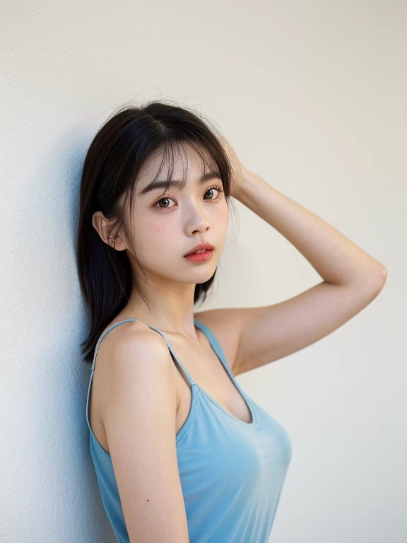 See-through tops、Big Breasts、camisole、(背景にWhite wall、Some of her hair is sky blue:1.4)、White wall、In front of a white door、(窓のあるWhite wallの部屋)、((highest quality、8k、masterpiece:1.3))、Ultra-high resolution、(photoGenuineistic:1.4)、RAW Photos、Japanese,(detailed aspects)、Genuine、Photographed in natural light、Highly detailed face and skin texture、Highly detailed lips、The correct state of the human body、Medium Hair、Black Hair、Mr.々A pose、Natural color lip