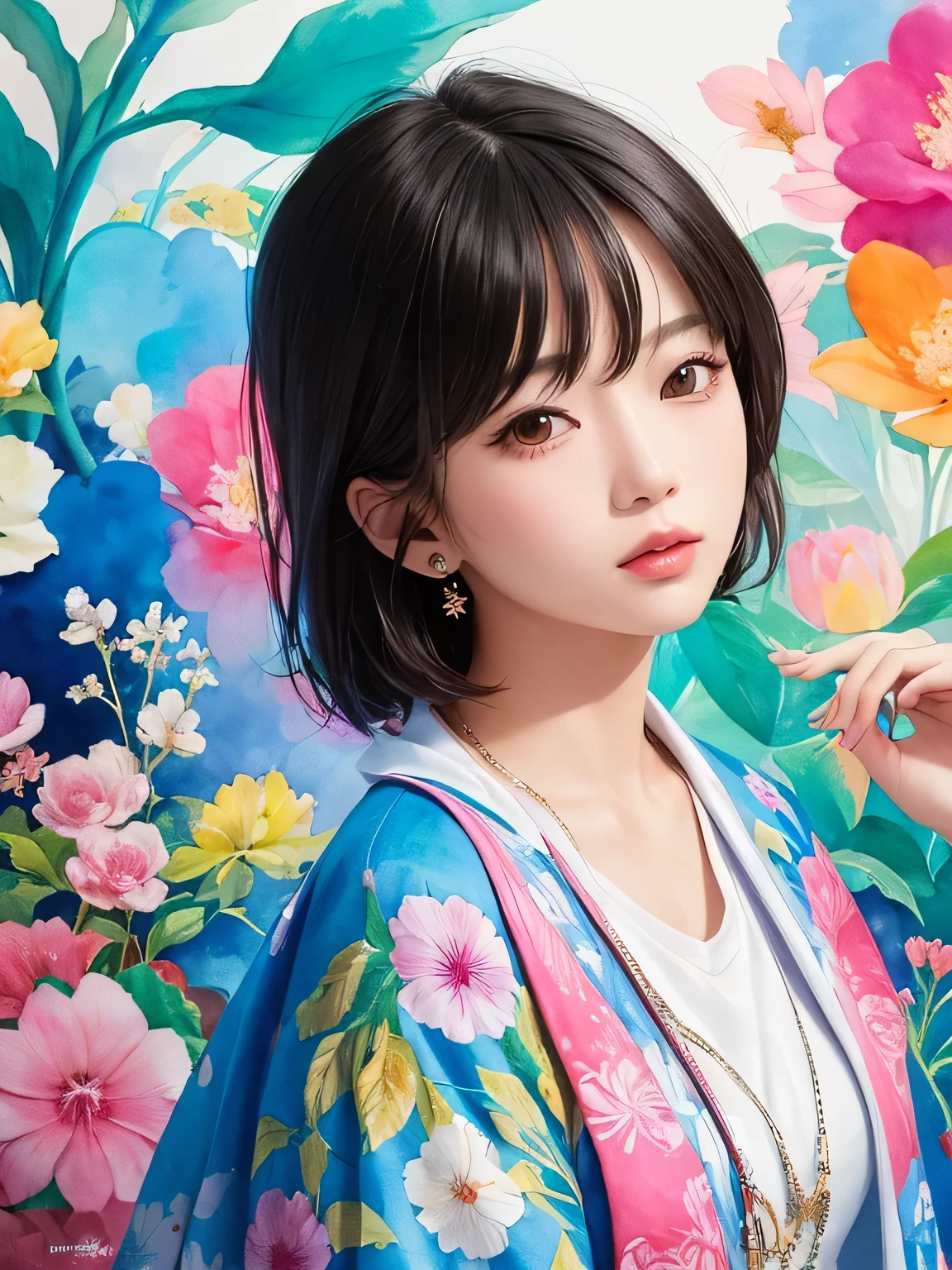Mai Yonezawa Style、(((stylish fashion))), 8K Quality、Intense watercolor, Detailed watercolor art, Watercolor splash, Surreal, avant-garde pop art, Beautiful and expressive paintings, Beautiful artwork illustration, Very colorful tones, wonderful, Cool beauty, highest quality、Official Art, Vector art, Stylish design, (((The most beautiful girl))), (((highest quality))), HDR, ((detailed)), (((Doodle Art)), ((masterpiece)), ((Super detailed)), (((Stylish))),