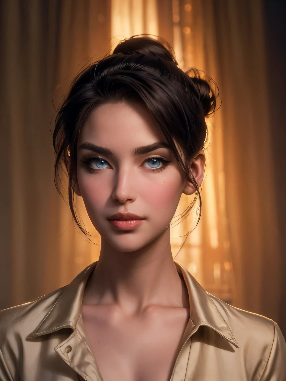 ((( portrait))) of beautiful brunette (female) in her 30s ,mature look, (small mouth) but (thick kissable lips), shy gaze, ((((tiny snob nose)))) ,( prefect shaped eyes),((blue eyes)) ,long eyelashes, eyeliner ,((( thick eyebrows))) , charming, cute ,  ((( sleek slicked back hair bun ))), ( black hair), fair skin, modern look, stylish , classy,  wearing Unbuttoned classic shirt, clivage ,  Castlevania style