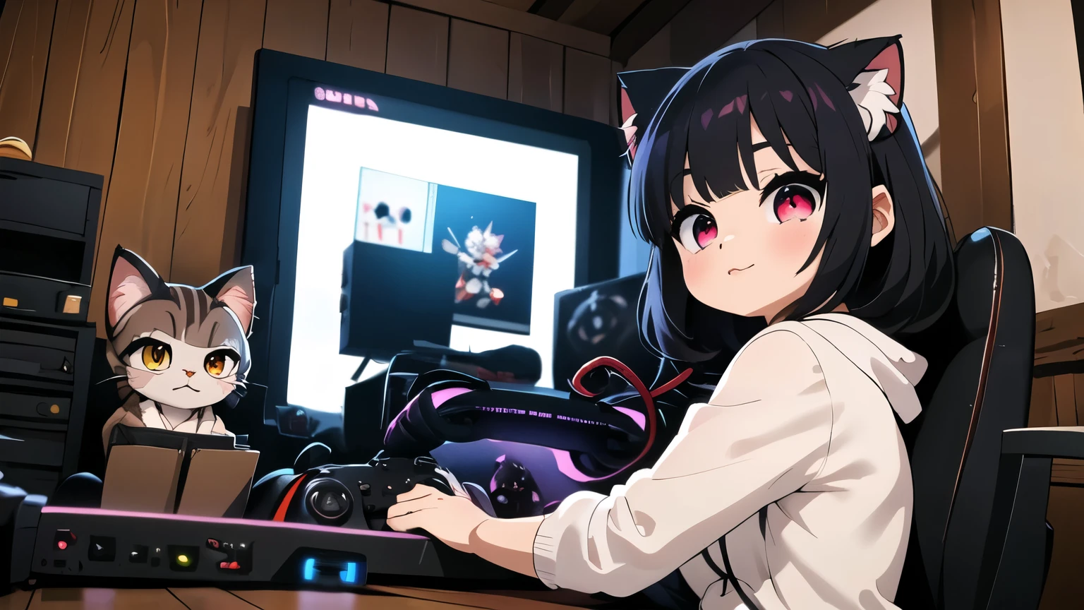 (junkotvv, pelo negro, flequillo, ((orejas de gato)), ojos rojos), in the foreground a villager is using a gaming computadora inside a peasant house,campesinos vistiendo ropa renacentista,Estilo Dur3r,(gaming computadora monitor, teclado (computadora), cables, juegos rgb),caballos,castillo en la distancia,(orejas de gato)