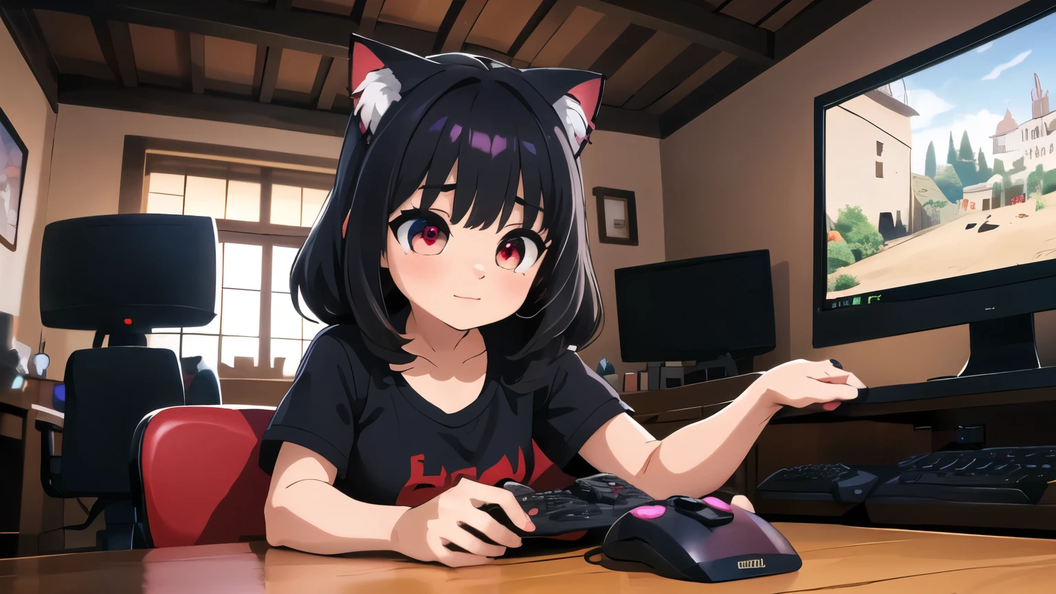 (junkotvv, pelo negro, flequillo, ((orejas de gato)), ojos rojos), in the foreground a villager is using a gaming computadora inside a peasant house,campesinos vistiendo ropa renacentista,Estilo Dur3r,(gaming computadora monitor, teclado (computadora), cables, juegos rgb),caballos,castillo en la distancia,(orejas de gato)