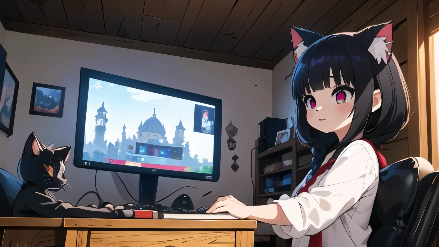 (junkotvv, pelo negro, flequillo, ((orejas de gato)), ojos rojos), in the foreground a villager is using a gaming computadora inside a peasant house,campesinos vistiendo ropa renacentista,Estilo Dur3r,(gaming computadora monitor, teclado (computadora), cables, juegos rgb),caballos,castillo en la distancia,(orejas de gato)