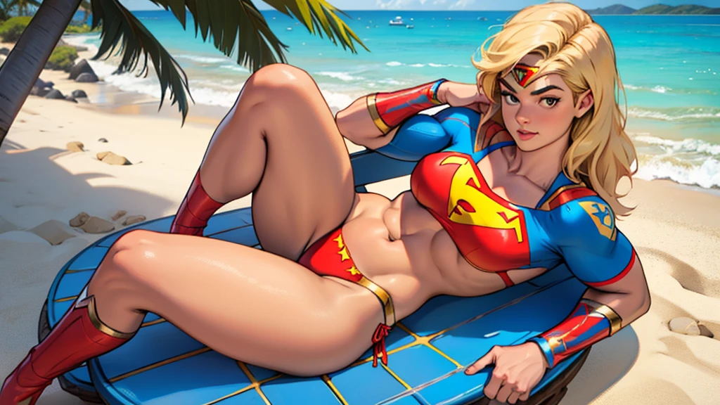 Nude slim, largel breasts, toned body, 2 girl, blonde supergirl(wearing supergirl bikini) and brunette wonderwoman (wearing wonderwoman bikini), relaxing on a tropical beach.pinup poses