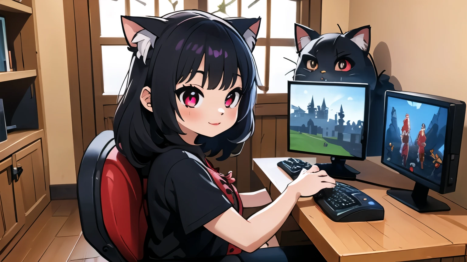 (junkotvv, pelo negro, flequillo, ((orejas de gato)), ojos rojos), in the foreground a villager is using a gaming computadora inside a peasant house,campesinos vistiendo ropa renacentista,Estilo Dur3r,(gaming computadora monitor, teclado (computadora), cables, juegos rgb),caballos,castillo en la distancia,(orejas de gato)