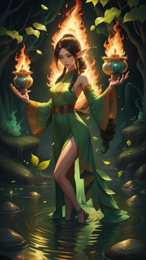 Create a mystic Fairy she had long brown hair in dreadlock style, wearing green leaf dress, she standing in water and in her Background are Fire 