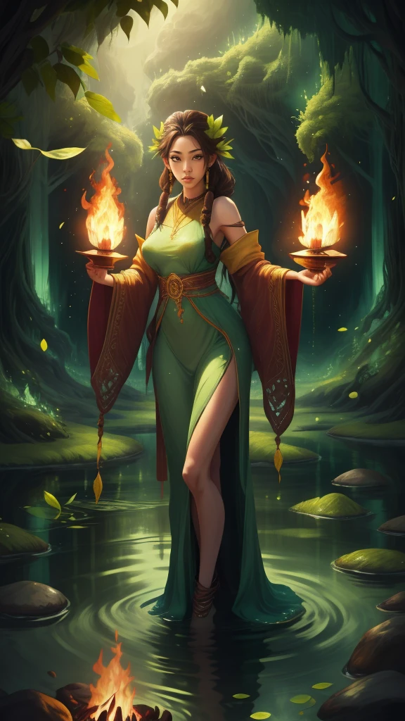 Create a mystic Fairy she had long brown hair in dreadlock style, wearing green leaf dress, she standing in water and in her Background are Fire 