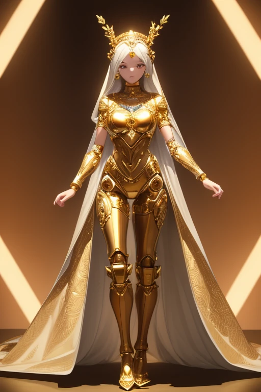 ((highest quality)), ((masterpiece)), (detailed),
 A robot made of gold except for its face, The face is that of a perfect human woman, Beautiful Face, Are standing, Masterpiece, Full Body Shot.,