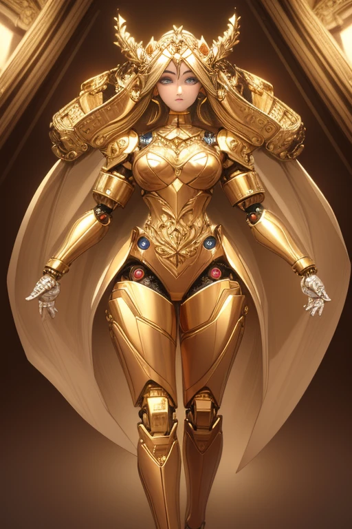 ((highest quality)), ((masterpiece)), (detailed),
 A robot made of gold except for its face, The face is that of a perfect human woman, Beautiful Face, Are standing, Masterpiece, Full Body Shot.,