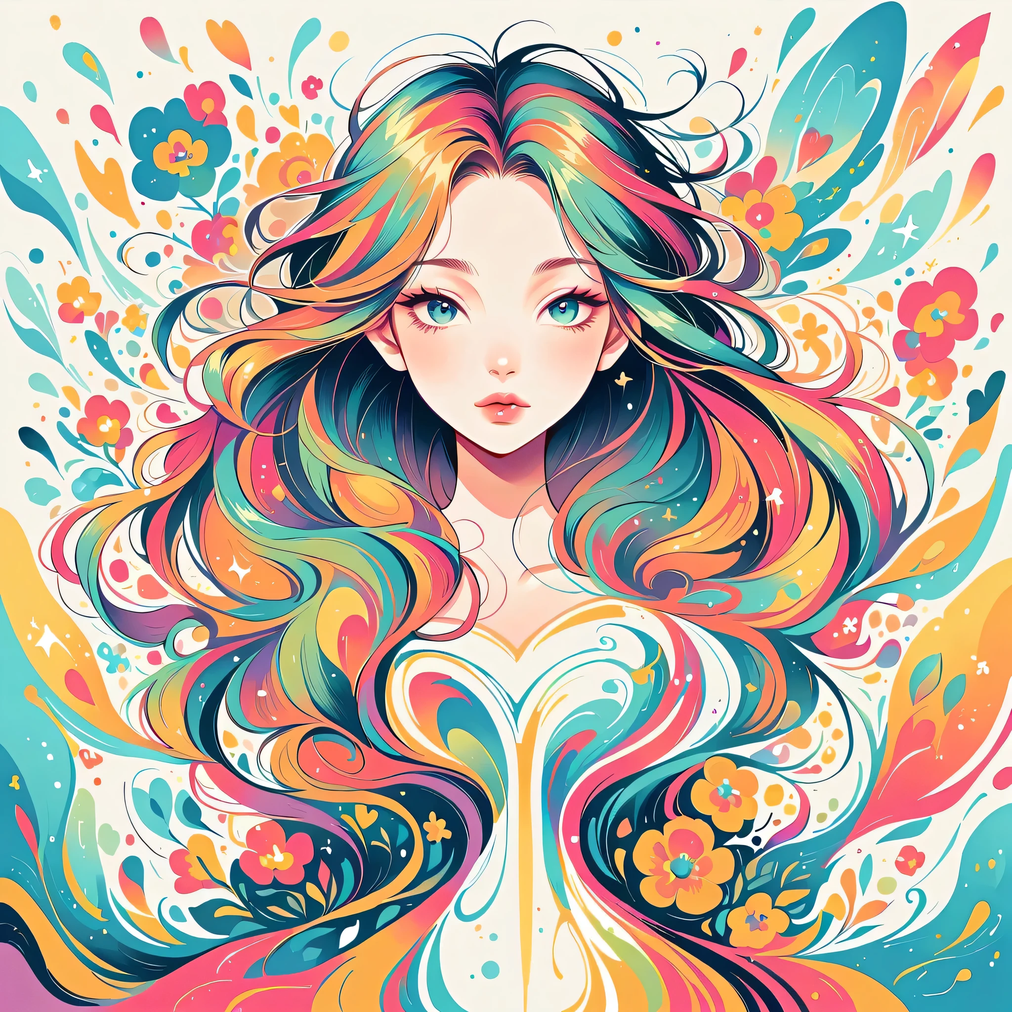 Watase Seizo style, Standing in front of a high wall，Simple Line Initialism，Abstract art，Urban Background, (((The most beautiful girl))), Lips in Love, colorful flowers