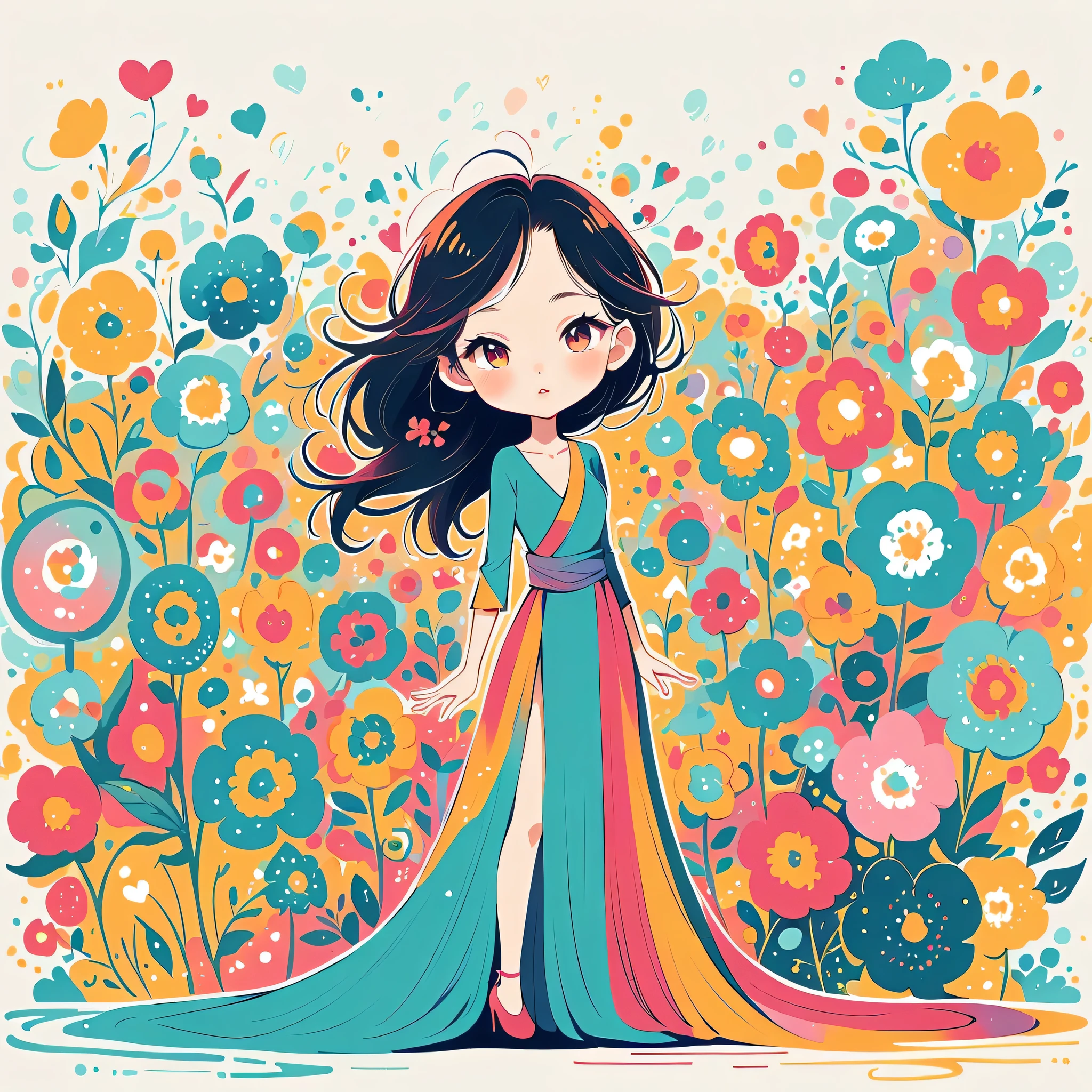 Watase Seizo style, Standing in front of a high wall,Simple Line Initialism,Abstract art,Urban Background, (((The most beautiful girl))), Lips in Love, colorful flowers