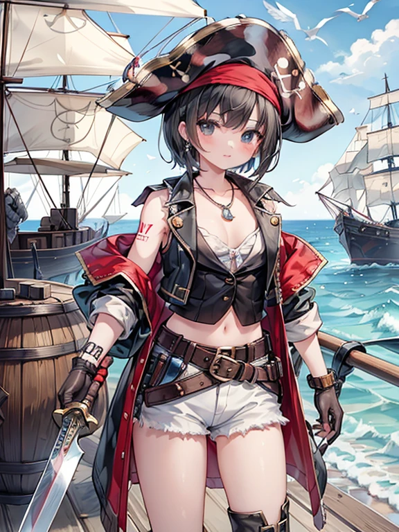 masterpiece, highest quality, Very detailed, 16k, Ultra-high resolution, Cowboy Shot, Detailed face, Perfect Fingers, One female, aged 14, black eye, Black Hair, short hair, jewelry, belt, necklace, bracelet, earrings, pirate hat/bandana/headband, open clothes/shirt/vest/coat, tattoo, boots, gloves, holding weapon, gun, knife, sword, ship, barrel, ocean