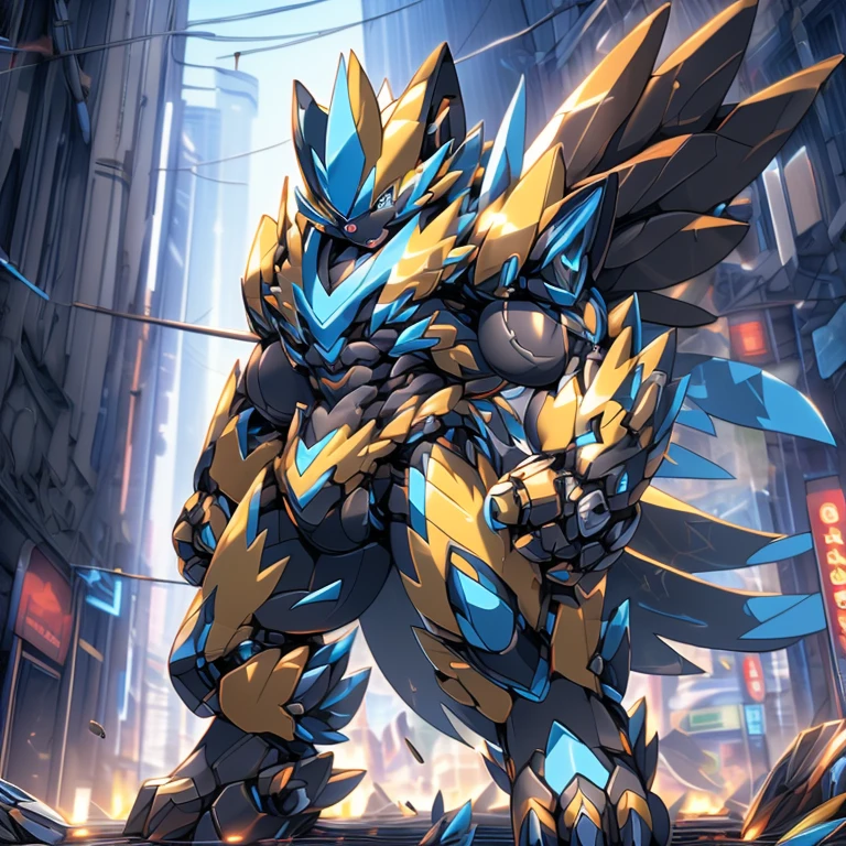 (GIANT mechanical zeraora rampage through a city, crushing buildings beneath their unstoppable metal frames), (official art, 
best quality, highly detailed) (terrifying and imposing design, 
smoke and flames rising from the destruction in the background, a lone figure)
(high-tech bio-mecha armor, metallic, real texture material) (ZERAORA, 8K), (gigantic muscles, Gigachad Muscular, big muscle, pecs, triceps, traps, unusually developed muscular body, body full of huge muscles. showing off muscles, pectorales enormes, Exaggeratedly huge muscles.),(Spread wings, It has wings, have big wings, golden wings), (whole body shines like metal, Wearing cyberpunk mecha, emphasizes the muscles, suit fully made of metal, intricate armor, Robotic suit, suit fully made of metal, cyborg), (giant zeraora, Zeraora's giant robot, Powered exoskeleton with the same design as Zeraora), (Masterpiece, highres) (Detailed head, Detailed Body, Detailed abs, full body), (black color hyper penis, hyper black penis),