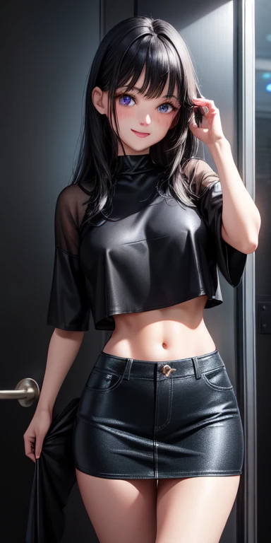 realistic, 1girl, black hair, bangs, blue eyes, glowing eyes, crop top, skirt, parted lips, blush, night, smiling shyly, standing at the door, night,