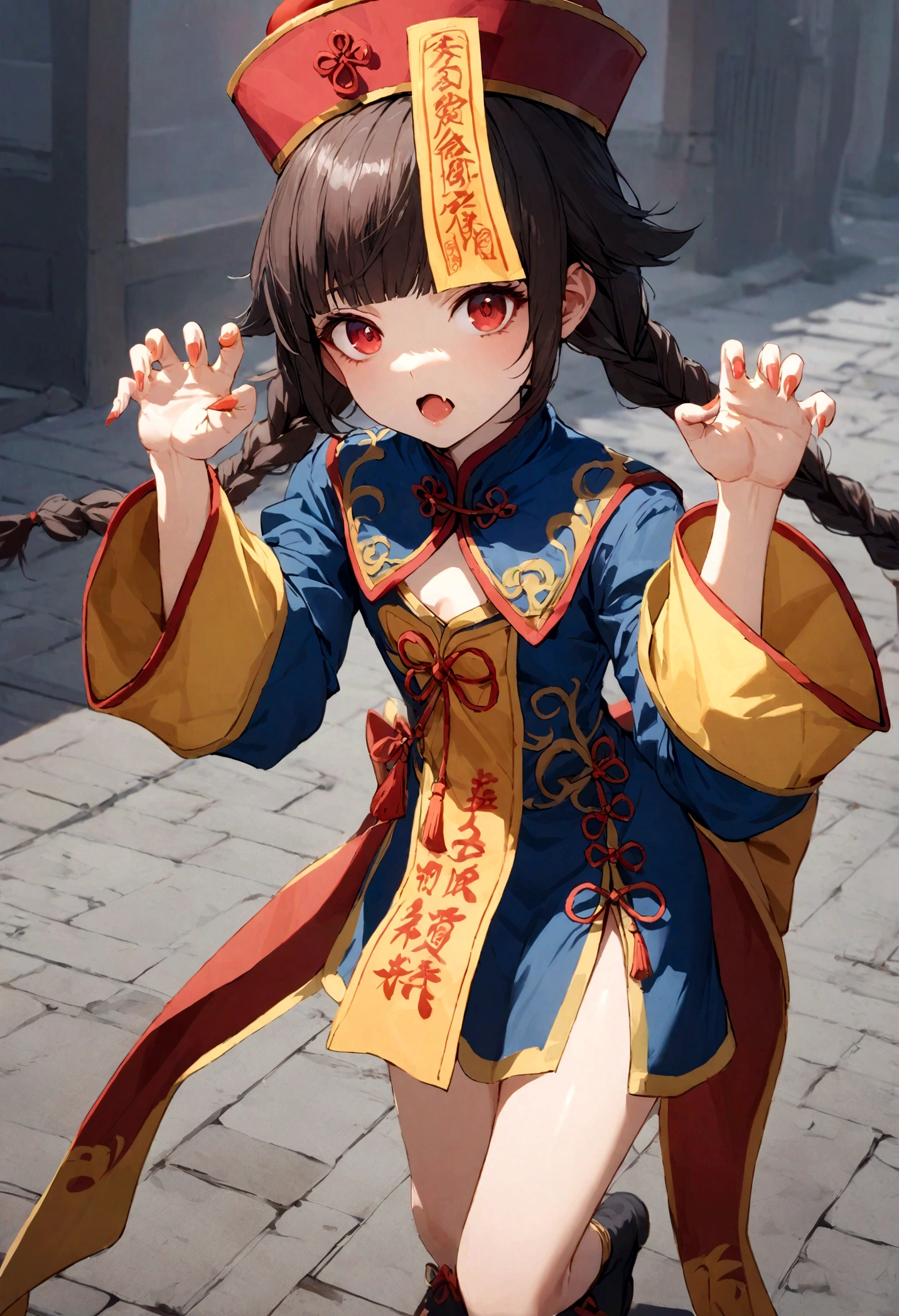 1girl, solo, jiangshi, twin braids, blunt bangs, red eyes,
qingdai guanmao with a ofuda, chinese clothes,
claw pose, small fangs