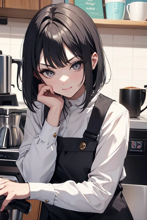 short hair,Uniform hair length,Hair color: Ash gray,The ends of my hair are curly,Barista,mode,Long sleeve,Black clothes,V-neck,Cool Beauty,Adult women,A slight smile on your lips,A mole under the left lip,Stylish cafe,Arched, kind-looking thin eyebrows,1 female,Having a Coffee Pot,highest quality,Her bangs are angled to hide her forehead,One silver bracelet on the right wrist,coffee,Simple clothing,Espresso machine in the background