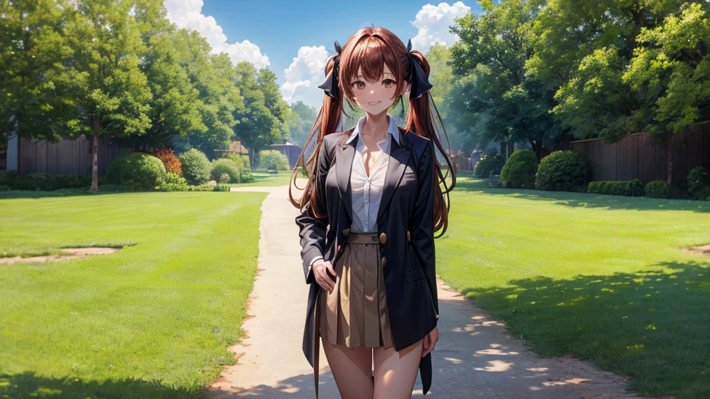 1girl, ((full body)), solo, summer, village, trees, sun, clouds, ((chestnutl hair)), long hair, twintail, large breasts, ((black blazer)), button down shirt, ((white shirt)), ((short sleeved shirt)), ((unbuttoned shirt)), unbuttoning buttons, cleavage 1:3, brown eyes, skirt, grin, looking at the viewer, standing, touching neck, hair ribbon, golden necklate, hands on hip