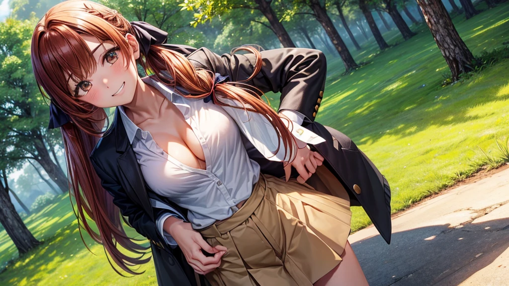 1girl, ((full body)), solo, summer, village, trees, sun, clouds, ((chestnutl hair)), long hair, twintail, large breasts, ((black blazer)), button down shirt, ((white shirt)), ((short sleeved shirt)), ((unbuttoned shirt)), unbuttoning buttons, cleavage 1:3, brown eyes, skirt, grin, looking at the viewer, standing, touching neck, hair ribbon, golden necklate, hands on hip