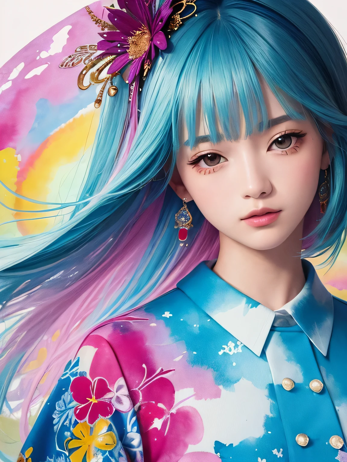 Watase Seizo Style、(((stylish fashion))), 8K Quality、Intense watercolor, Detailed watercolor art, Watercolor splash, Surreal, avant-garde pop art, Beautiful and expressive paintings, Beautiful artwork illustration, Very colorful tones, wonderful, Cool beauty, highest quality、Official Art, Vector art, Stylish design, (((The most beautiful girl))), (((highest quality))), HDR, ((detailed)), (((Doodle Art)), ((masterpiece)), ((Super detailed)), (((Stylish))),