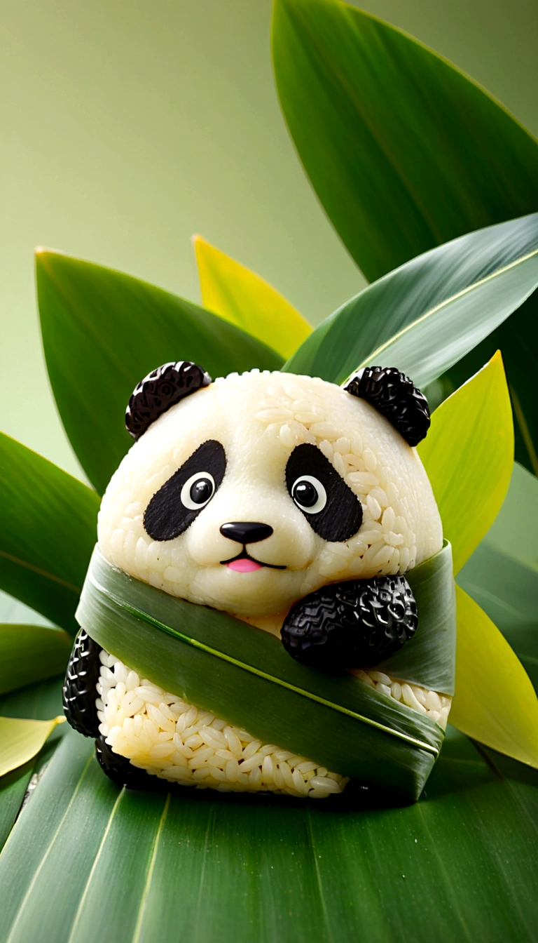 A panda-shaped rice dumpling, zoingzi, Glutinous rice texture, Light yellow, (((the lower half of the body is wrapped in tapered leaves))), made of glutinous rice, has a cute expression, the head sticking out of the leaves, equidistant, cartoon-style, Macro Lens, studio light, bold color scheme