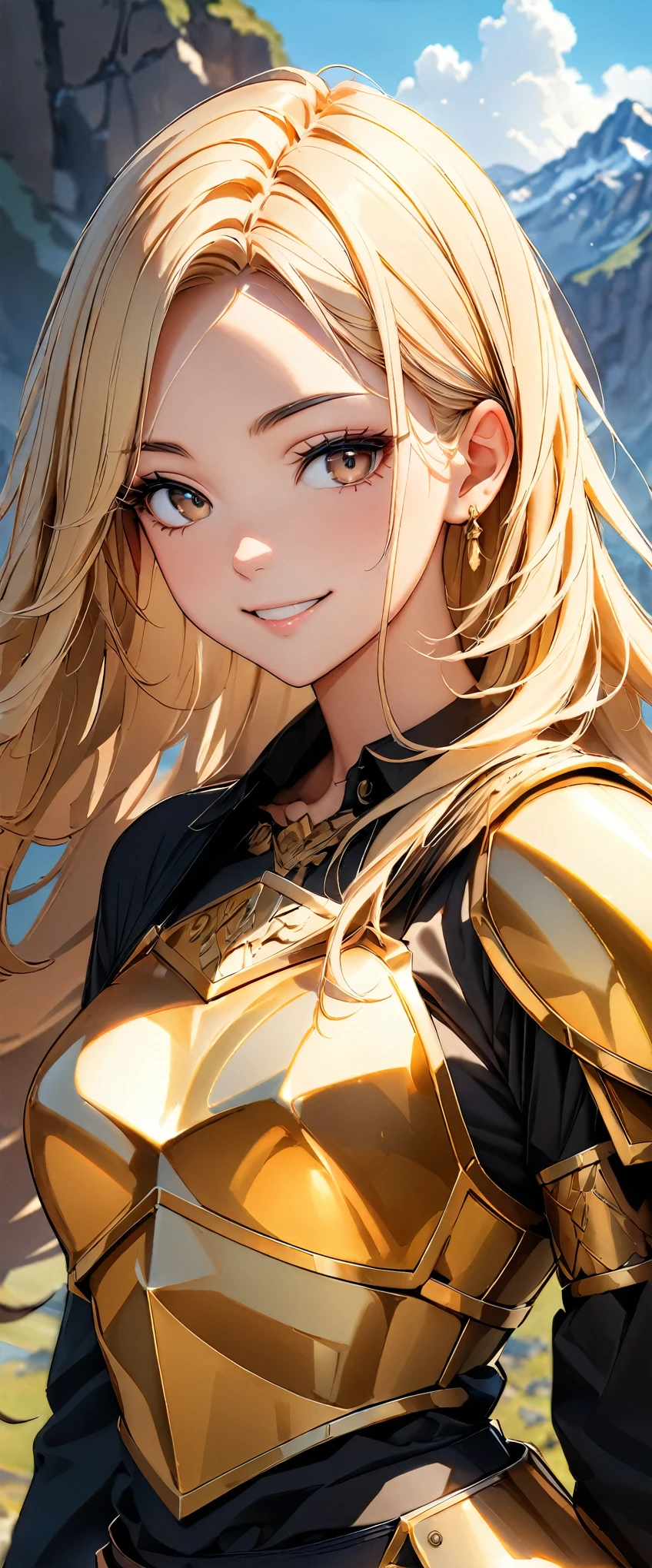 ((highest quality, 8k, masterpiece :1.3)), One girl, smile, whole body, Slim face, Beautiful woman, (Blonde), Portrait of a warrior :1.1, ((Luxurious gold armor, breastplate)), Highly detailed face, Fine grain, double eyelid, Dragon Slayer, Dragon Slayer Girl, Warrior Woman, Blur the background, Slim face, Rocky Mountain, outside, On the Cliff,