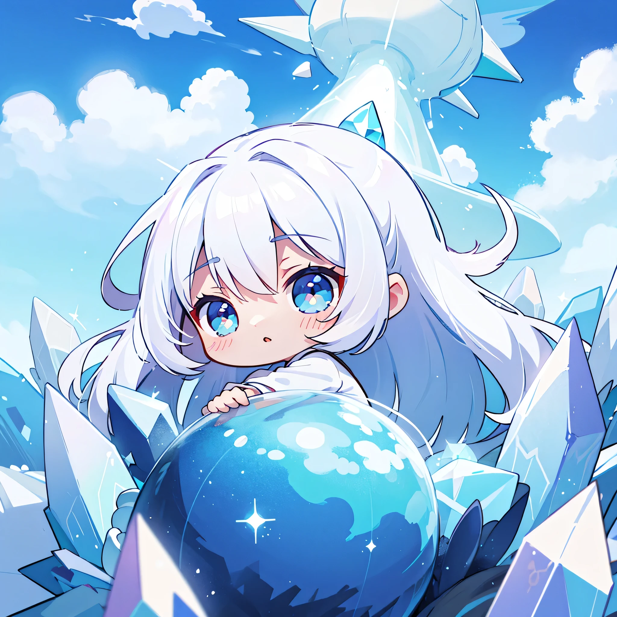 wallpaper,dynamic angle,dynamic lighting,((interesting detailed background)),(light reflections),depth of field, cinematic lighting, sparkle, glowing light, god rays, 8k,1girl, chibi, kawaii,white hair,flowy hair,white glowing crystal eyes,silky white clothes, on a cloud,cloud world,a world full of clouds,glowing white crystals,magical world,cloud kingdom